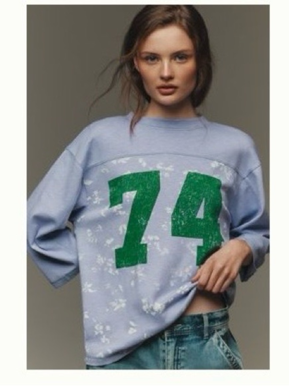 Pilcro Lavender Crewneck with Green '74' Graphic